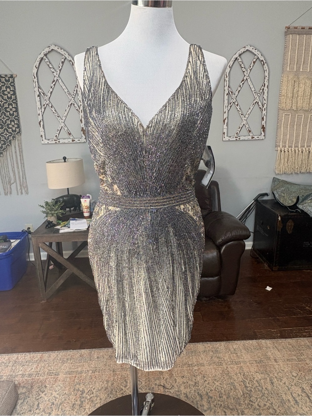 Primavera Silver Fully Beaded Cocktail Dress